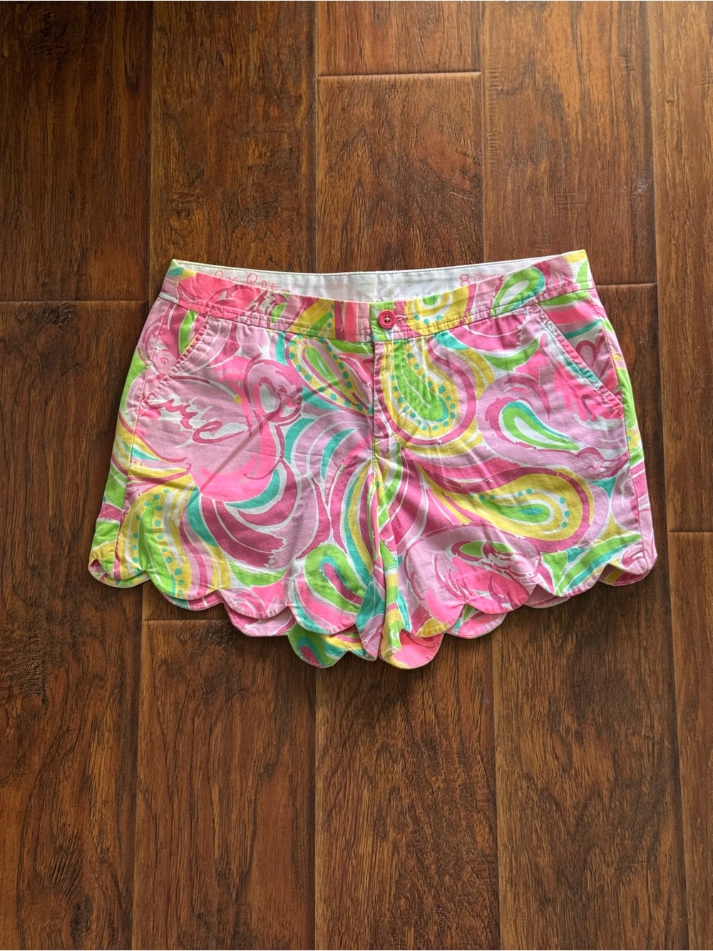 Lilly Pulitzer Pink, Green & Yellow Paisley Scalloped Hem Shorts